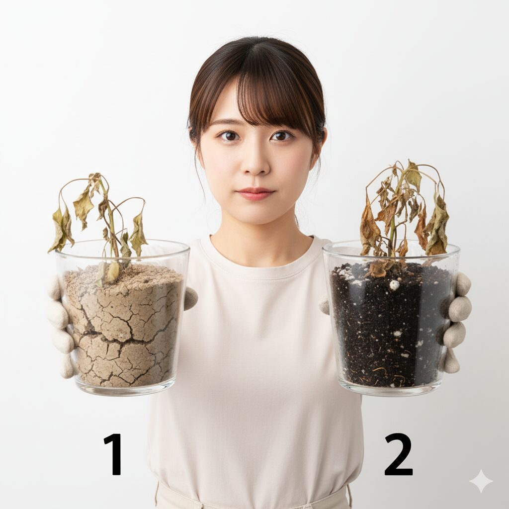 シクラメンの水切れ時の乾いた土と根腐れ時の湿った土の比較画像