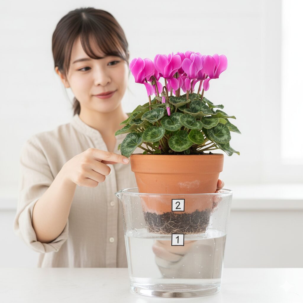 水切れしたシクラメンを復活させるバケツを使った底面吸水法の手順