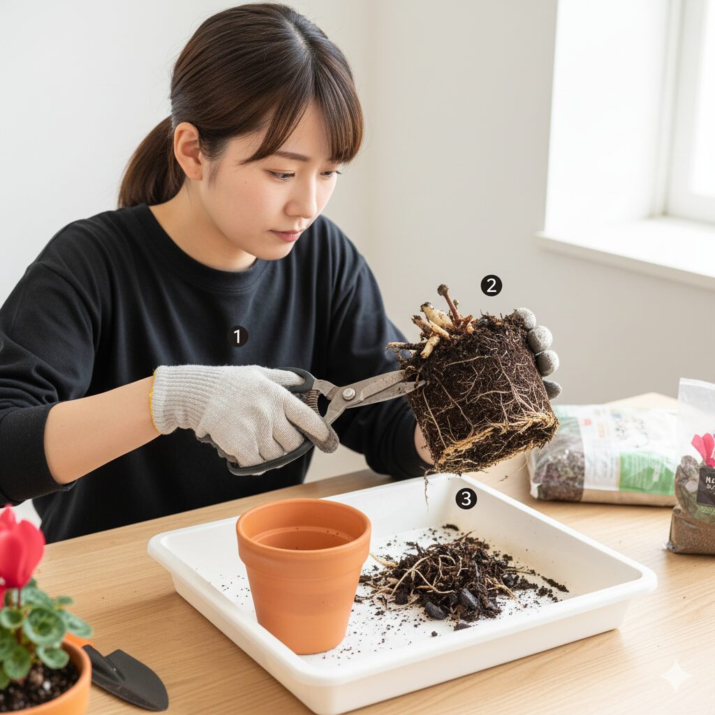 根腐れしたシクラメンの復活方法：腐った黒い根を取り除く植え替え作業