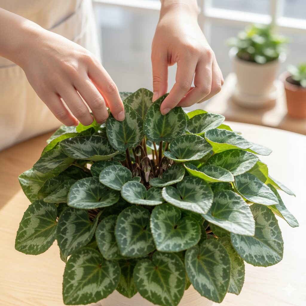 シクラメンの葉組み作業。葉を外側に広げて株の中心に日光と風を通し、蒸れや黄変を防ぐ手入れの様子。