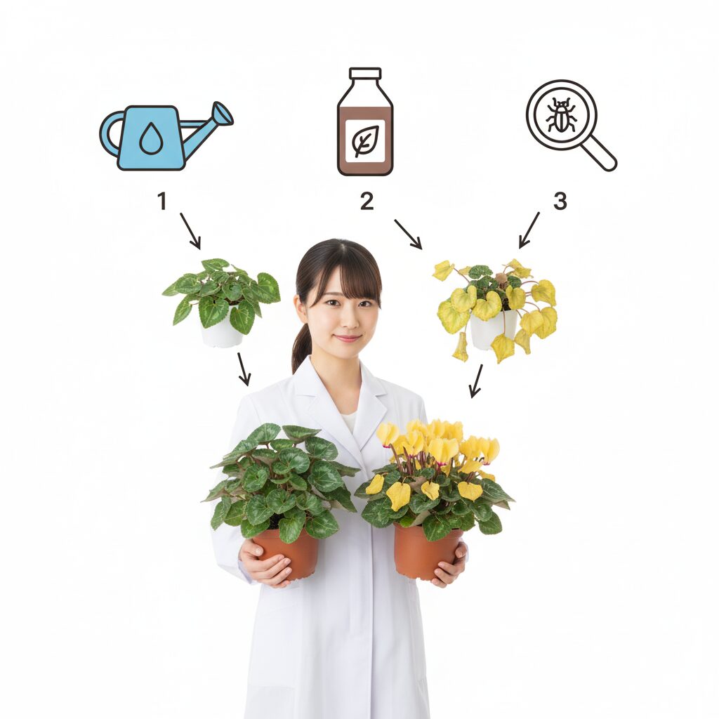 シクラメンの葉が黄色くなる3大原因（水やり・肥料・病害虫）を示す概念図。