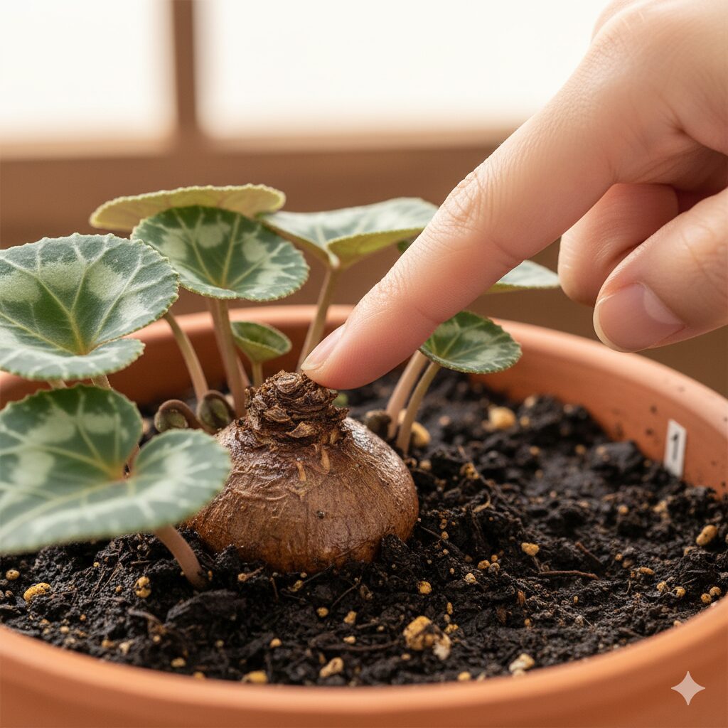 シクラメンの根腐れを確認するために、株元の球根を指で触って硬さをチェックしている様子。