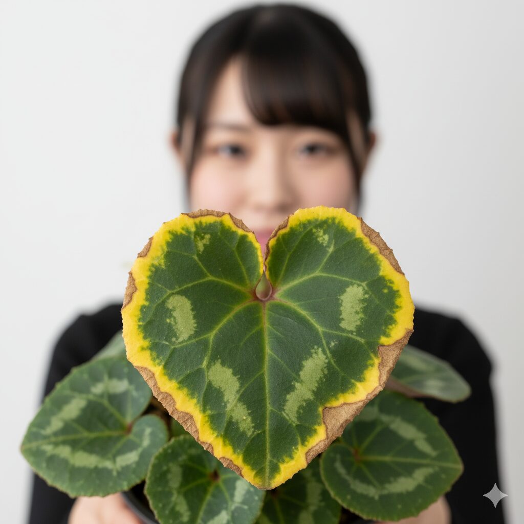肥料不足（カリウム欠乏）により、葉の縁から黄色く変色し枯れ込んだシクラメンの葉。