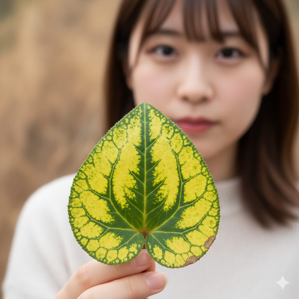 マグネシウム不足により葉脈を残して葉全体が黄色くなるクロロシス症状が出たシクラメンの葉。