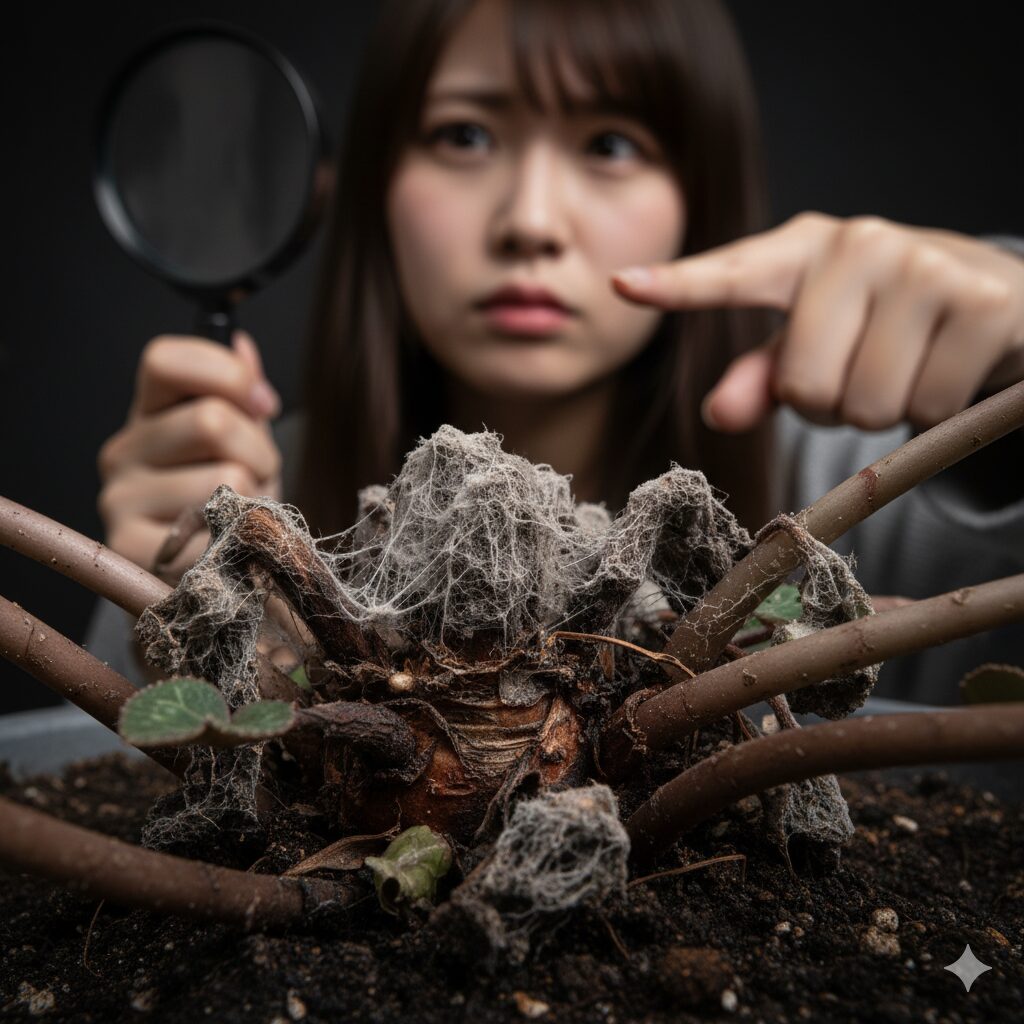 シクラメンの株元の茎に発生した灰色かび病。茶色く腐敗した部分に灰色のカビが付着している。