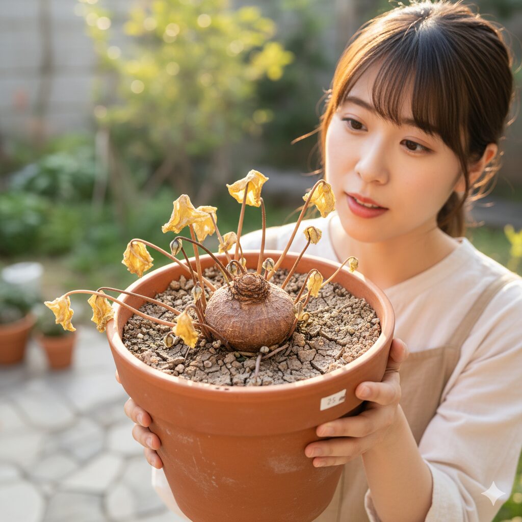 夏越し（休眠）の準備に入り、自然現象として葉が黄色くなり落ち始めたシクラメンの株。