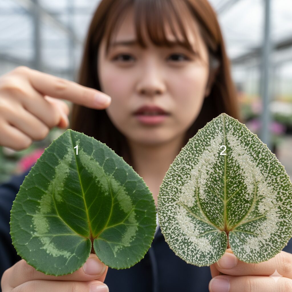 ハダニの吸汁被害により、葉の色が抜けて白いカスリ状の斑点が現れたシクラメンの葉。