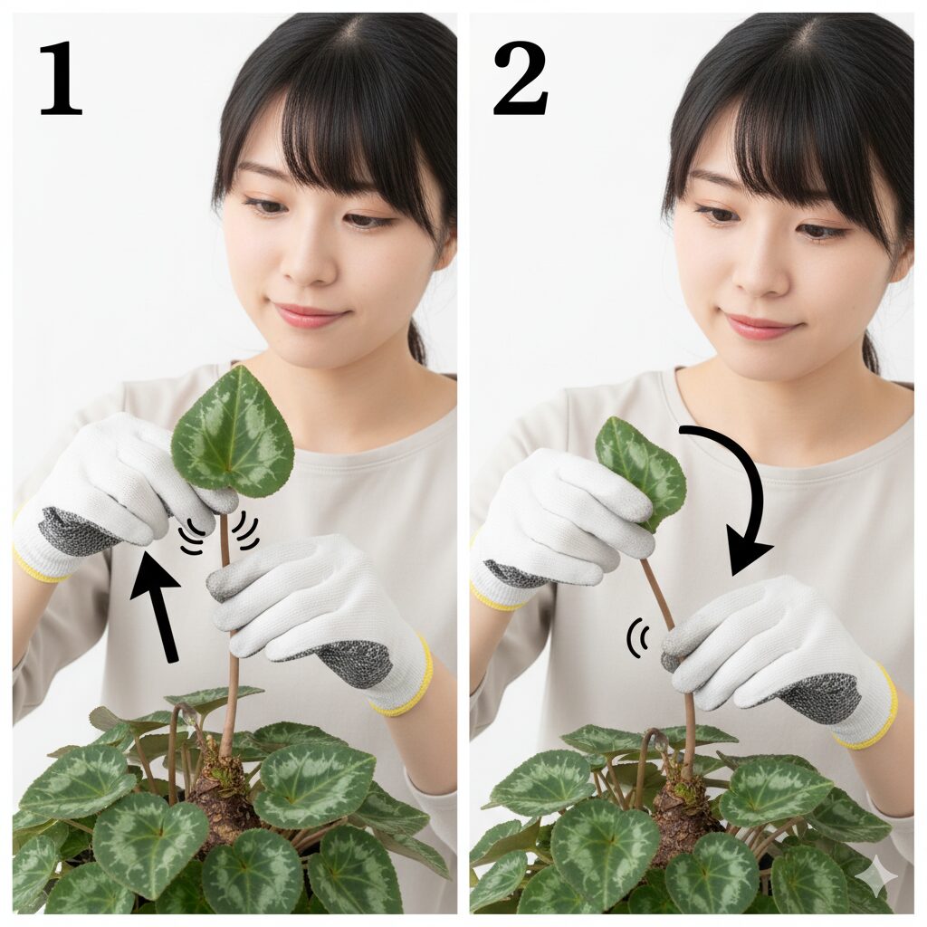 シクラメンの黄色い葉の正しい取り方。茎の根元をつまみ、ねじりながら引き抜く手順の図解。