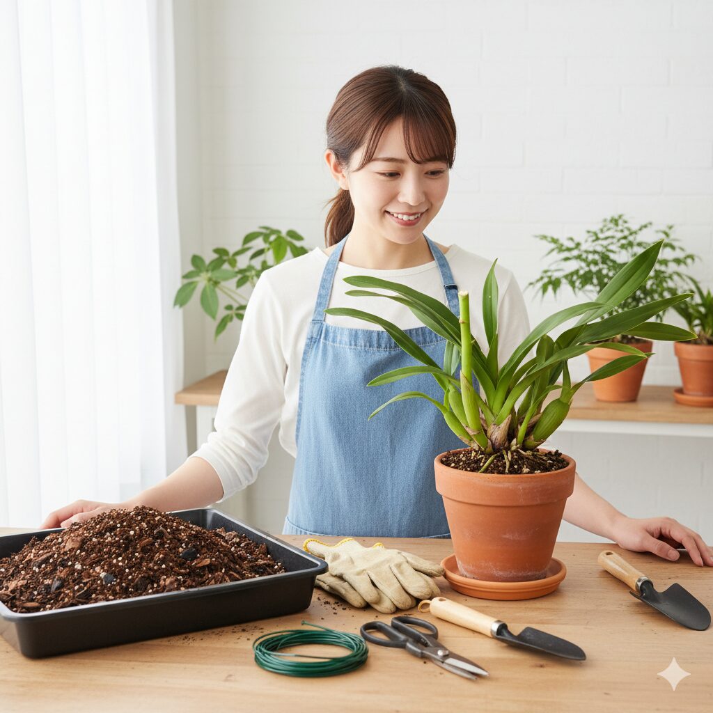 花が終わったシンビジウムの株と、植え替え準備の園芸用品。次の成長期に向けた手入れのイメージ。