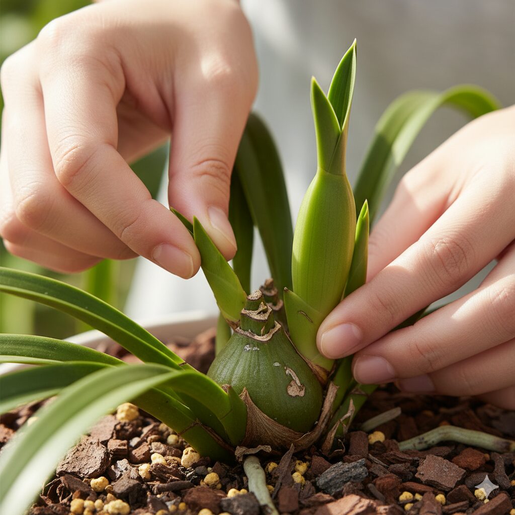 シンビジウムの親バルブから出た複数の新芽の中から、余分な芽を指で摘み取る「芽かき」作業。