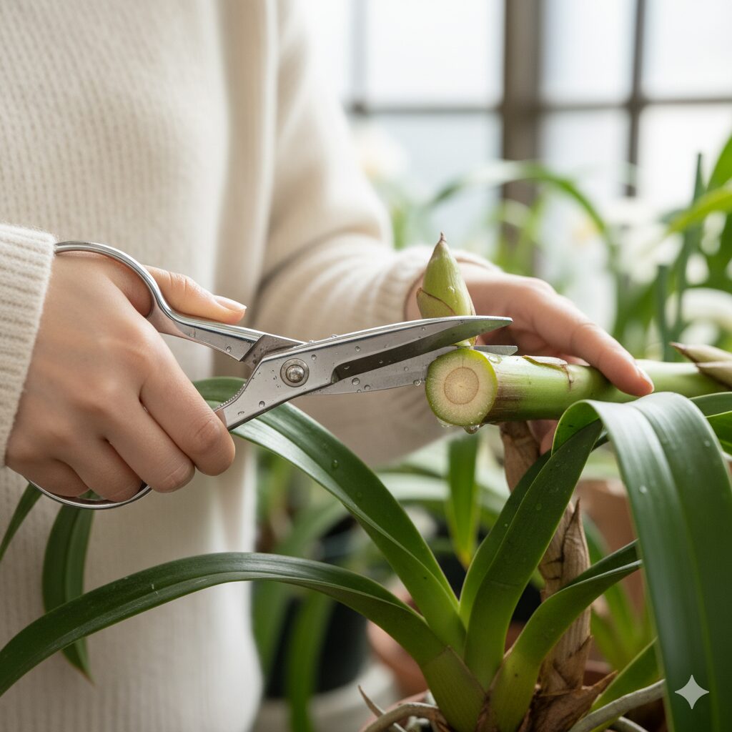 シンビジウムの花茎を、バルブの付け根でハサミでカットする様子。花後の手入れの基本作業。
