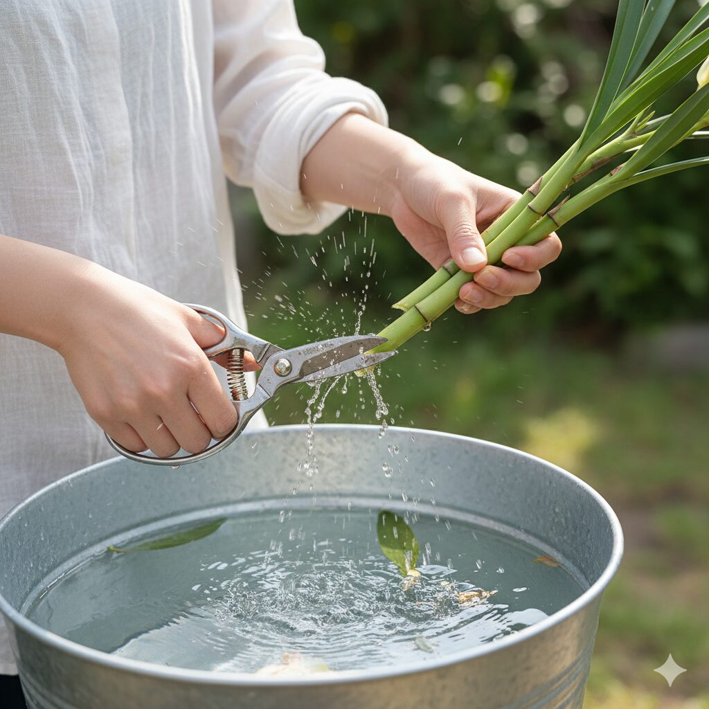 シンビジウムの切り花を水中で斜めにカットする「水切り」作業。切り花を長持ちさせるためのテクニック。