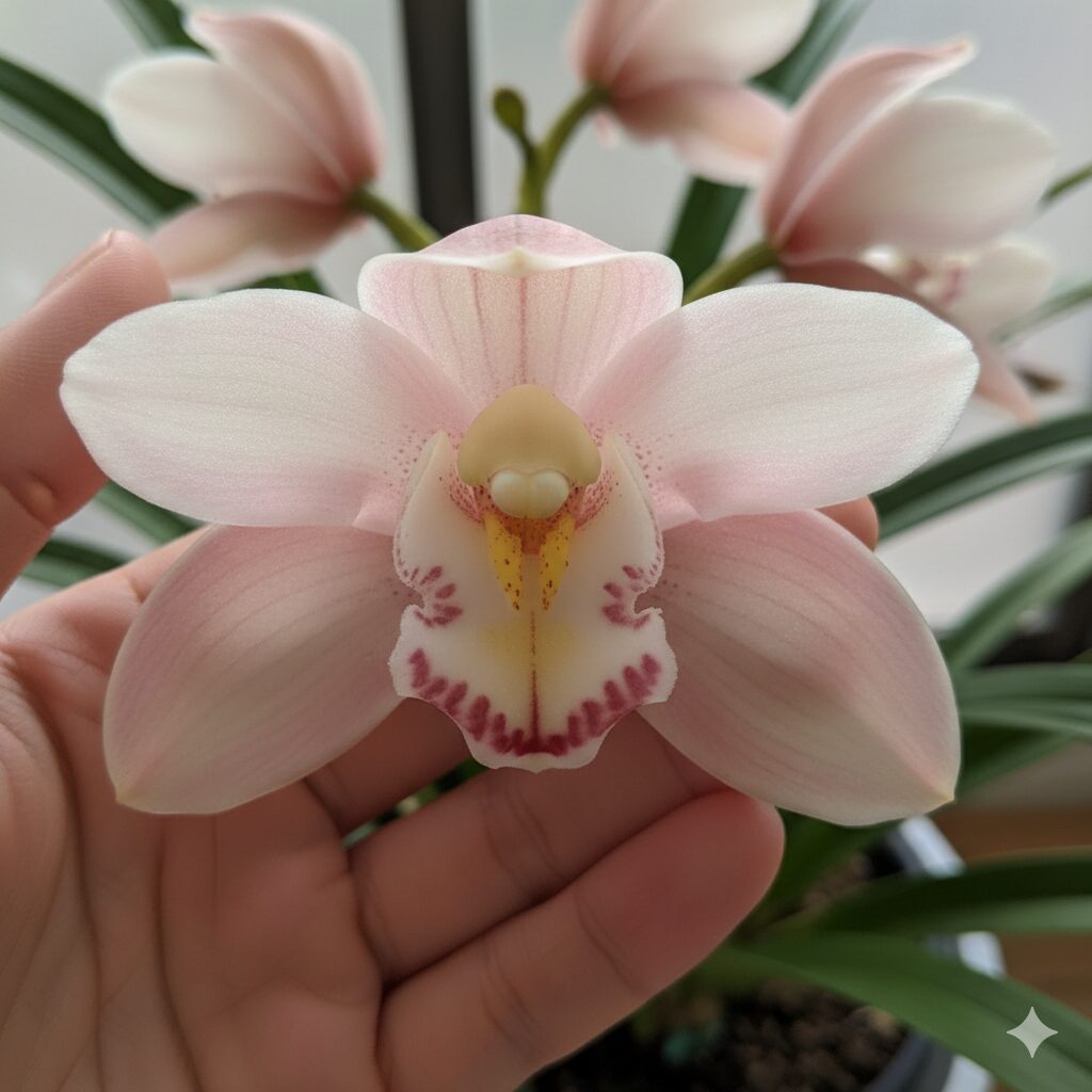 シンビジウムの花の中心にある花粉キャップ（葯帽）のクローズアップ。切り花管理で触れてはいけないデリケートな部分。