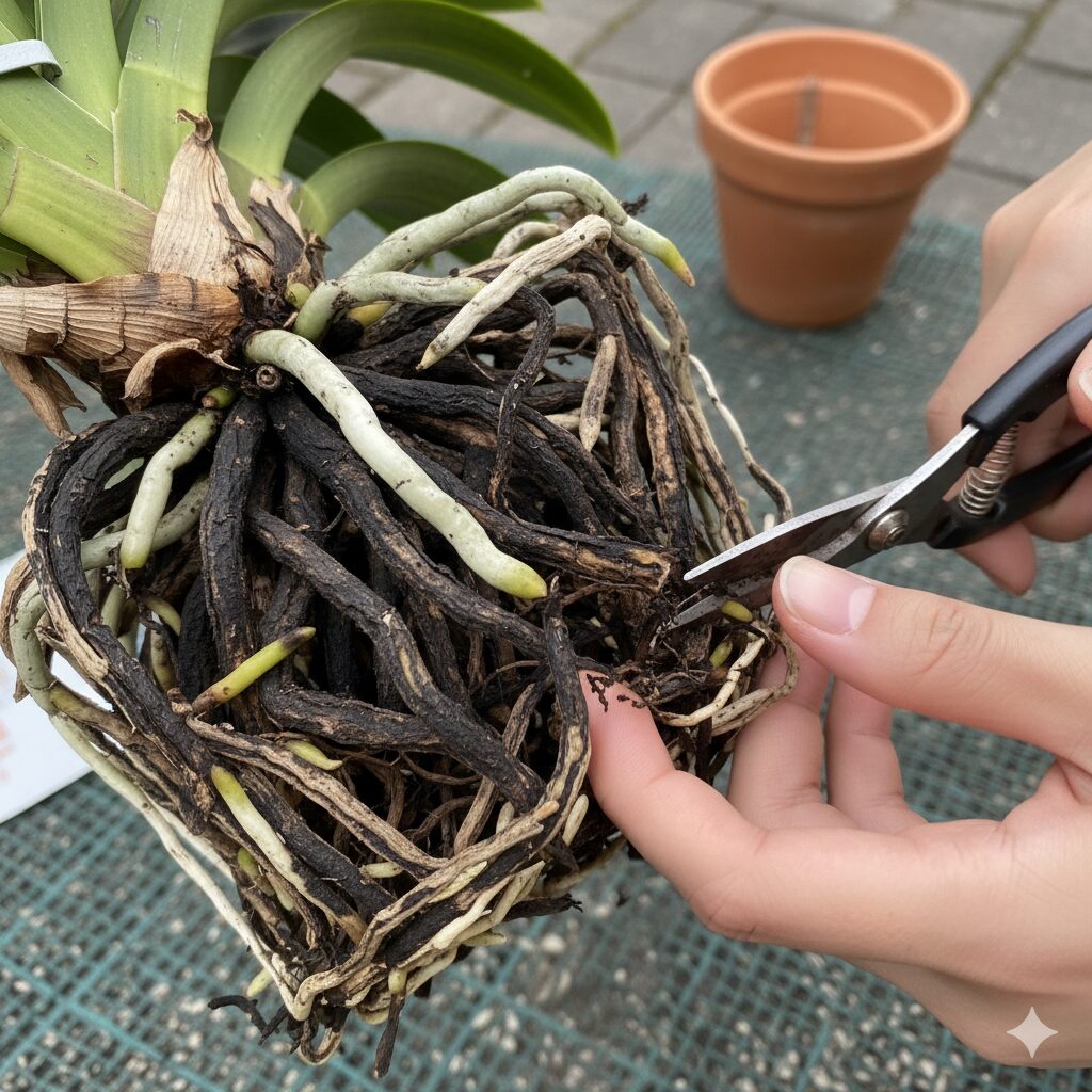 シンビジウムの根鉢から、腐敗した黒い根をハサミで取り除き、整理する様子。植え替え時の根のメンテナンス。