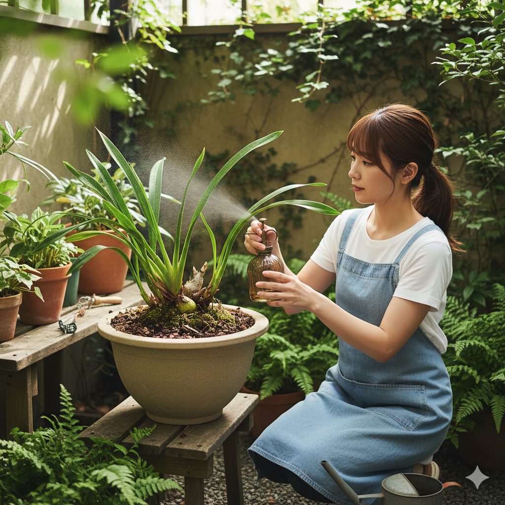 植え替え後のシンビジウムに霧吹きで葉水を与え、順化期間中のデリケートなケアを示す。
