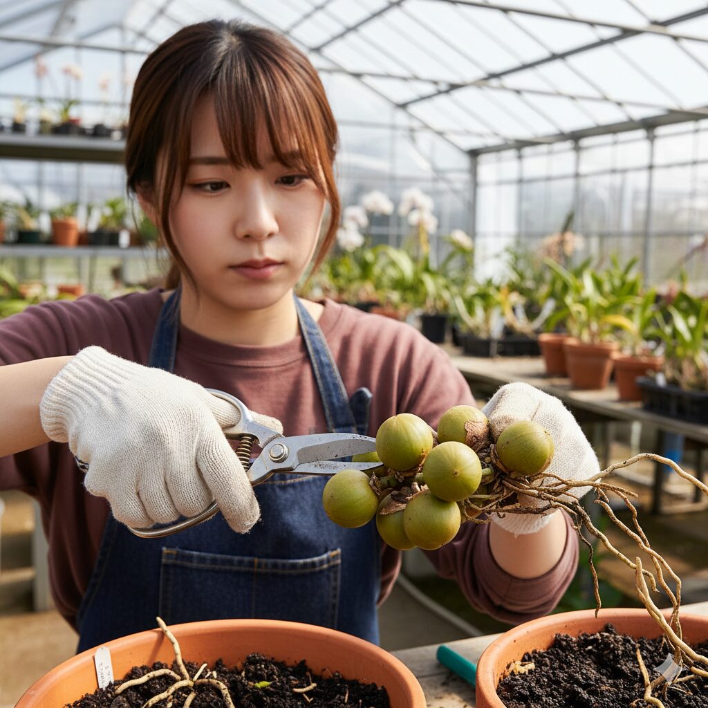 シンビジウムの株を、健全なバルブを3個以上残すようにハサミで分割している様子。株分けの重要ポイント。