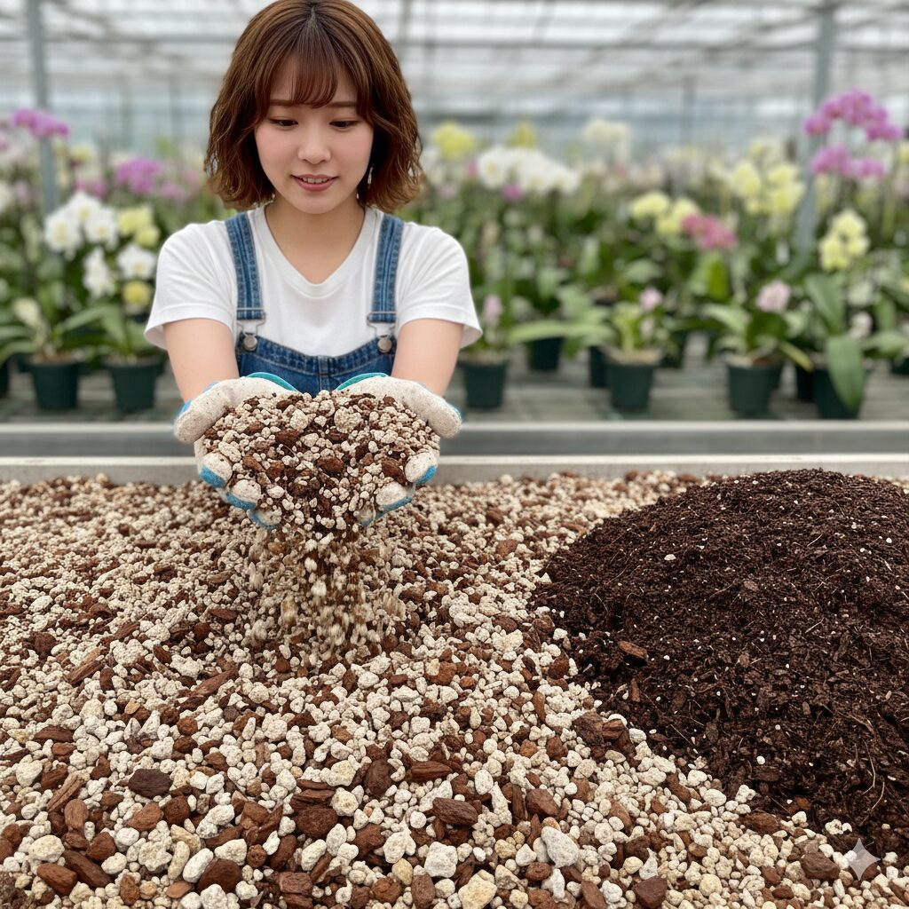 洋ラン専用培養土（バークチップ、軽石、鹿沼土など）のクローズアップ。シンビジウム栽培に最適な通気性と排水性を持つ用土。