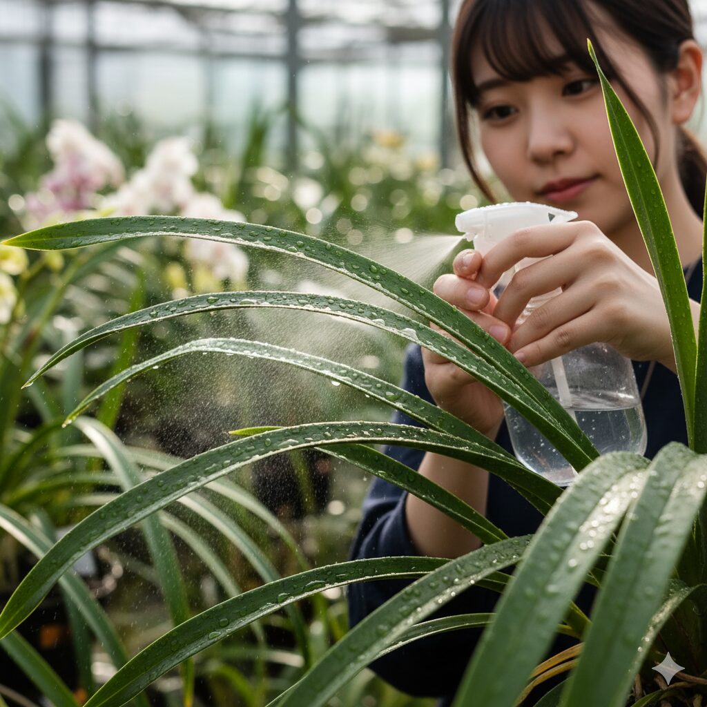 シンビジウムの葉に霧吹きで葉水を与えている様子。湿度保持と害虫防除の役割を示す。