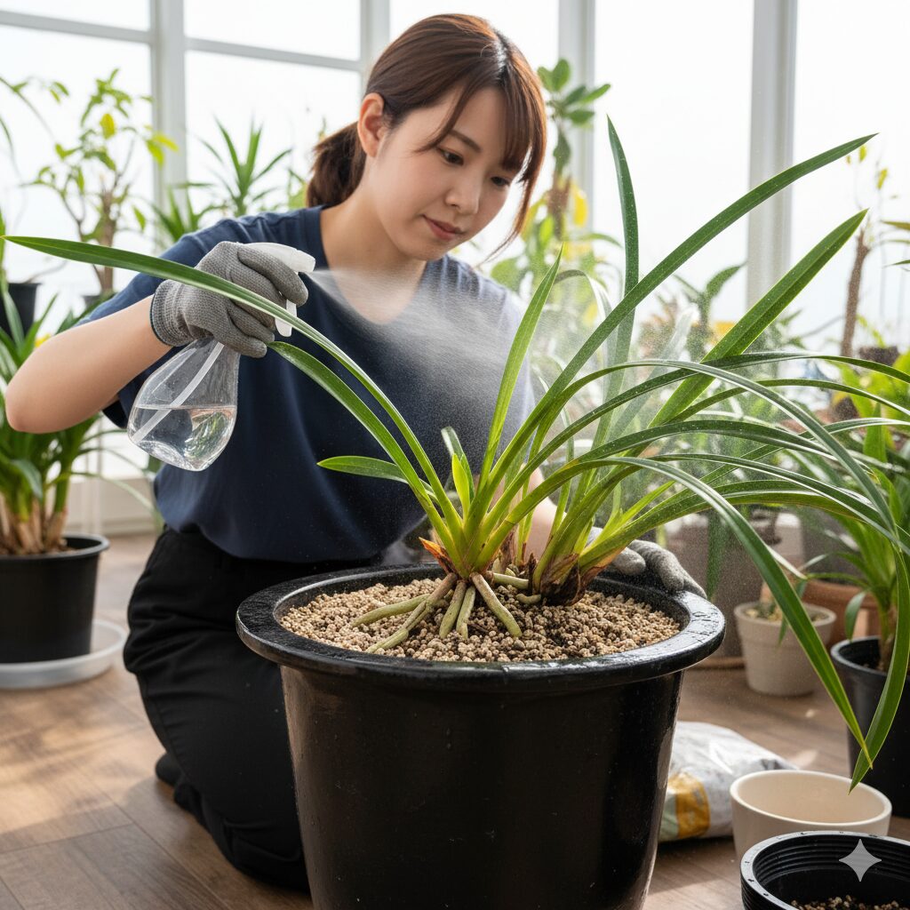 シンビジウム株分け直後の管理。根腐れ防止のため水やりはせず、葉の乾燥を防ぐために「葉水（はみず）」だけを与えている様子。