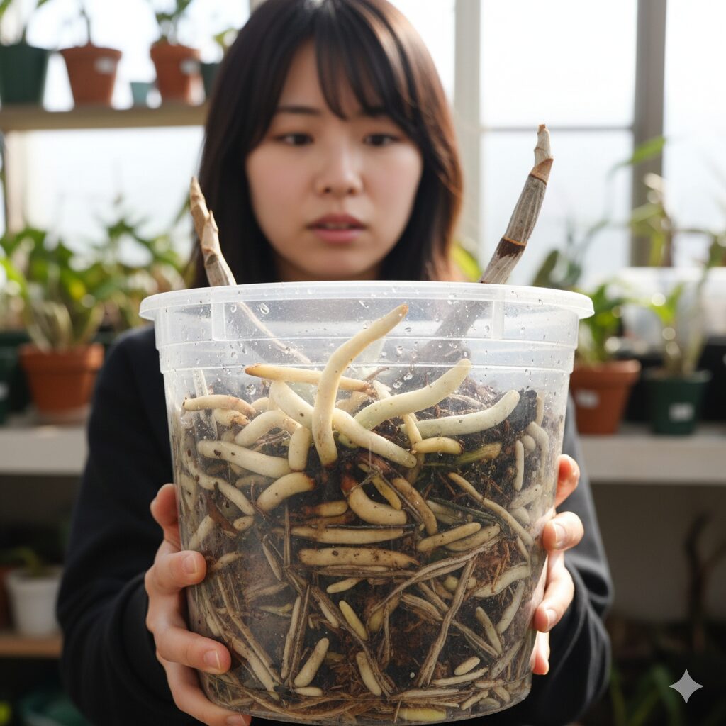 シンビジウムの根詰まりと根腐れの状態。健康な白い根と腐った茶色い根が鉢の中で絡み合っている。