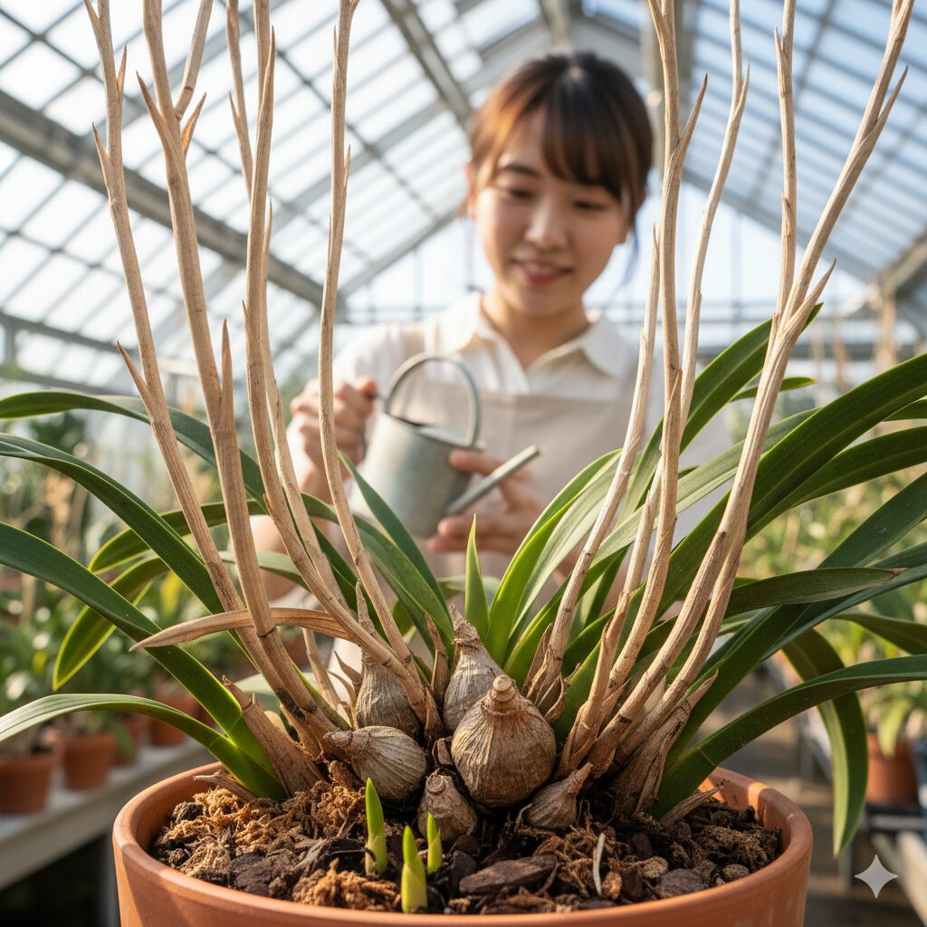 花が咲き終わり、株分けの最適な時期（4月～5月）を迎えたシンビジウム。株元には新しい芽が見える。