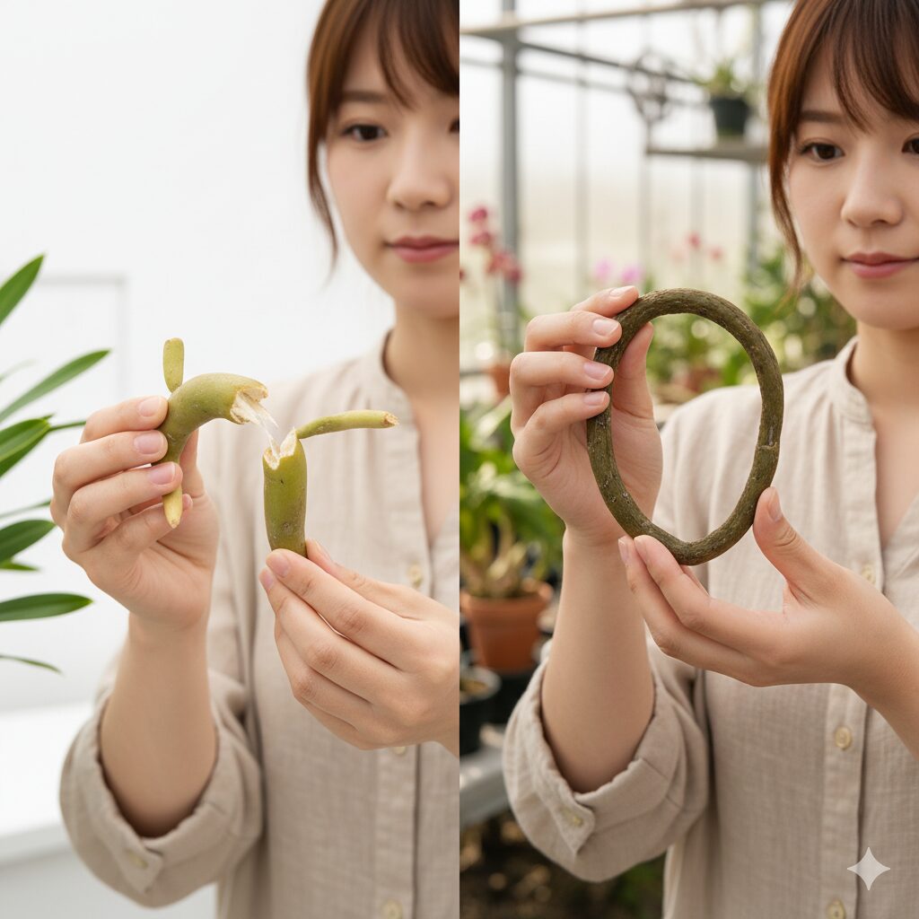 シンビジウムの株分け前の断水の効果。水分を含むと折れやすい根（左）と、断水してしなやかになった根（右）の比較。