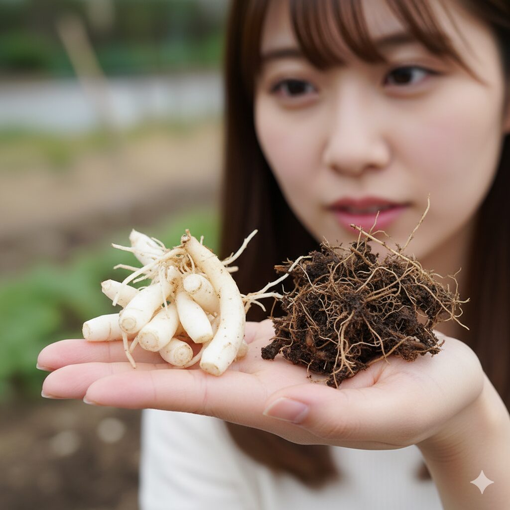 シンビジウムの株分け時の根の整理。白く健康な根と、茶色く腐った根を見分けるための比較写真。