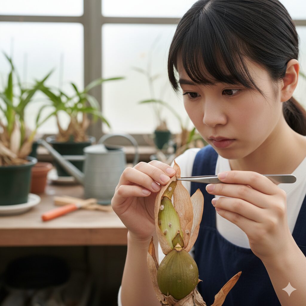 シンビジウムのバルブの根元にある「袴（はかま）」を掃除する様子。害虫（カイガラムシなど）の隠れ家になるため除去が推奨される。