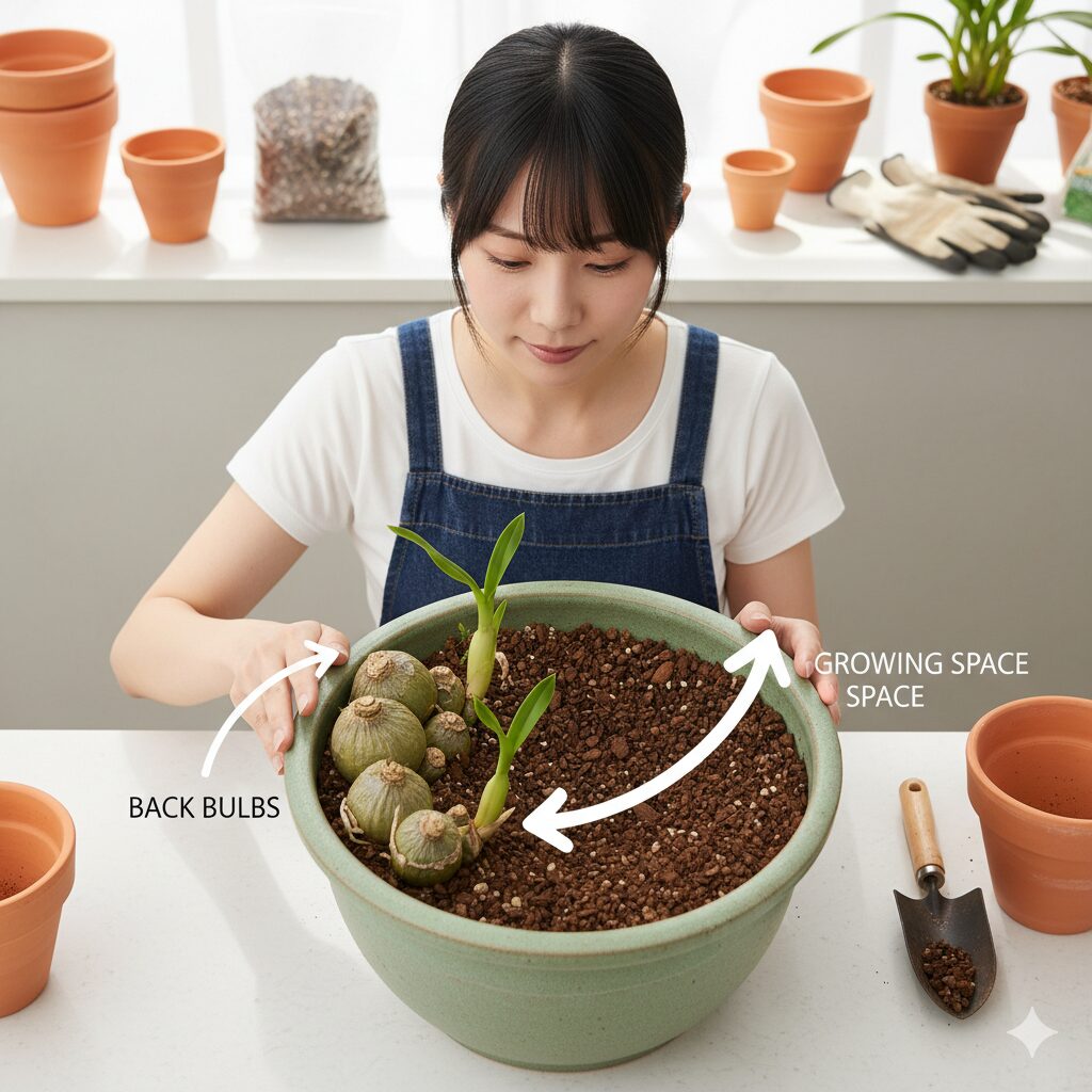 シンビジウムの株分け後の植え方。新芽の成長スペースを確保するため、古いバルブを鉢の縁に寄せる正しい配置（ポジショニング）の図解。