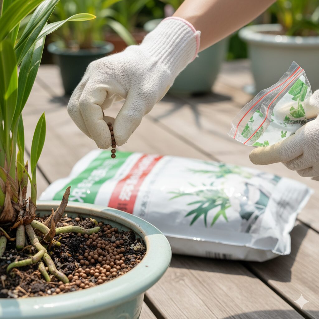 シンビジウムの鉢から固形肥料を8月のお盆過ぎに取り除く作業