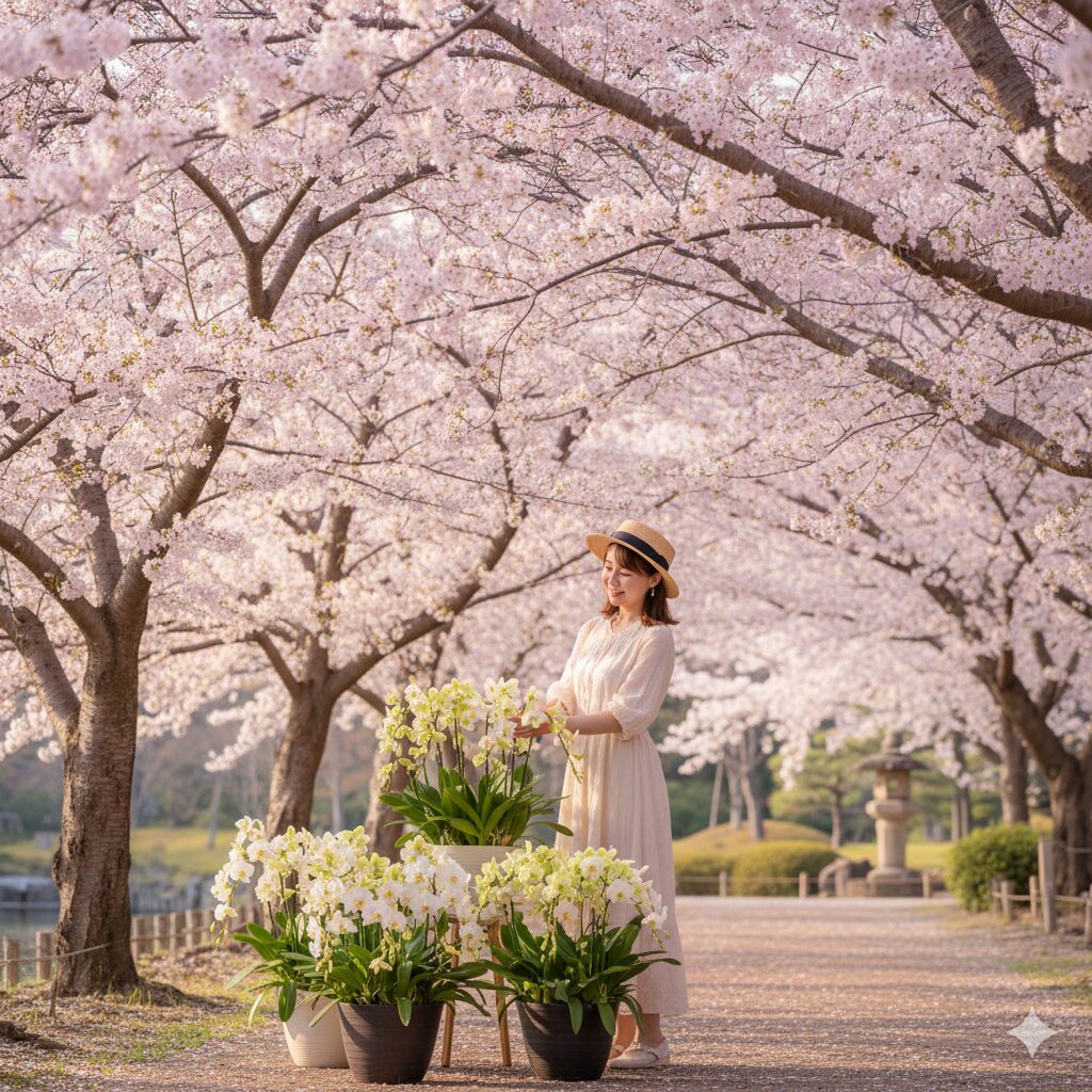 満開の桜の下で春の日差しを浴びるシンビジウムの鉢植え