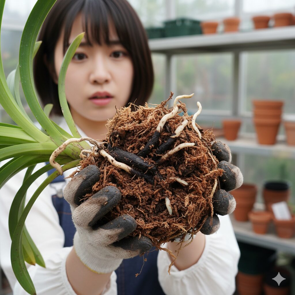 黒く変色し、ブヨブヨに腐敗したシンビジウムの根と劣化した微粉状の用土