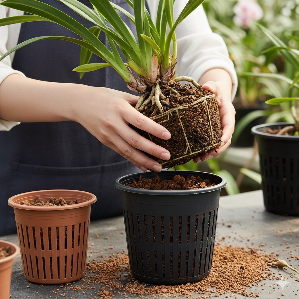 シンビジウムの根鉢を崩さず、新しいスリット鉢に鉢増しする園芸作業