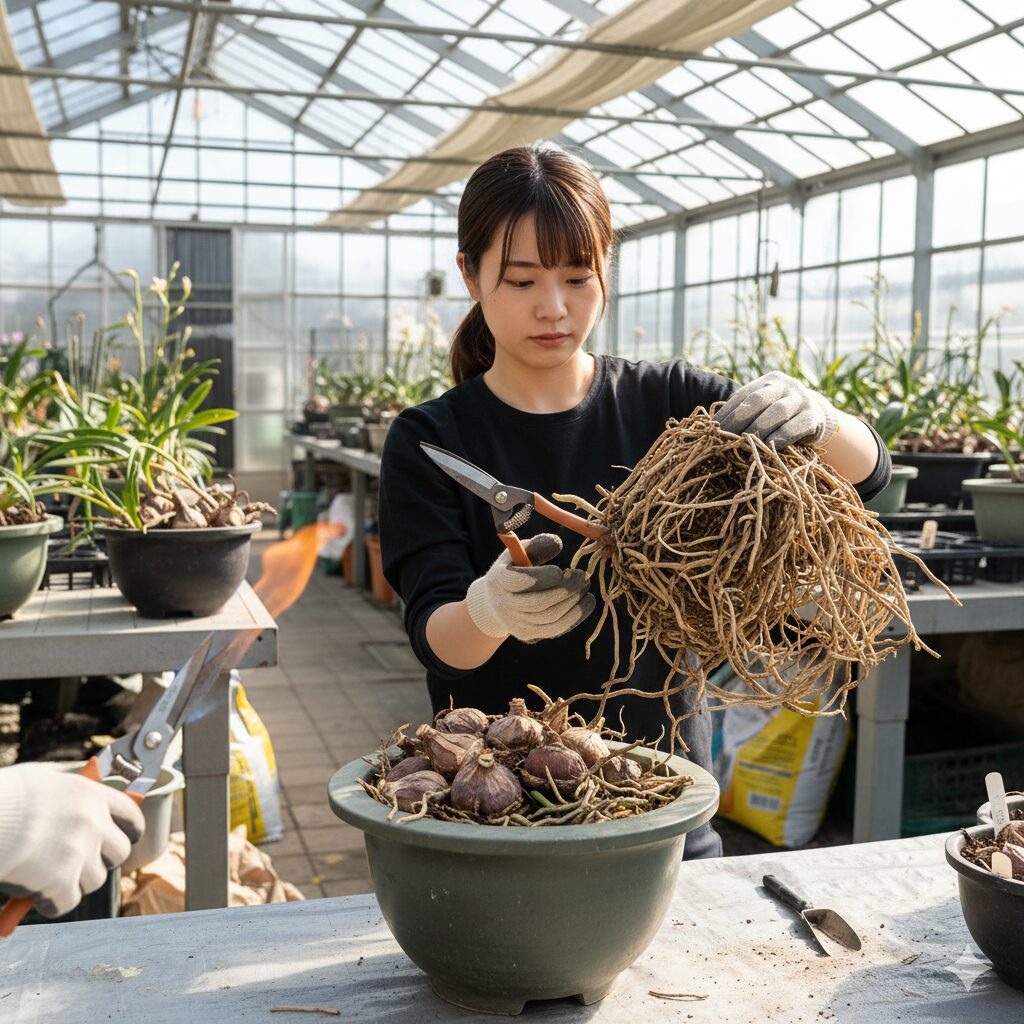 成長したシンビジウムを3バルブ以上の塊にハサミで株分けする様子と消毒器具