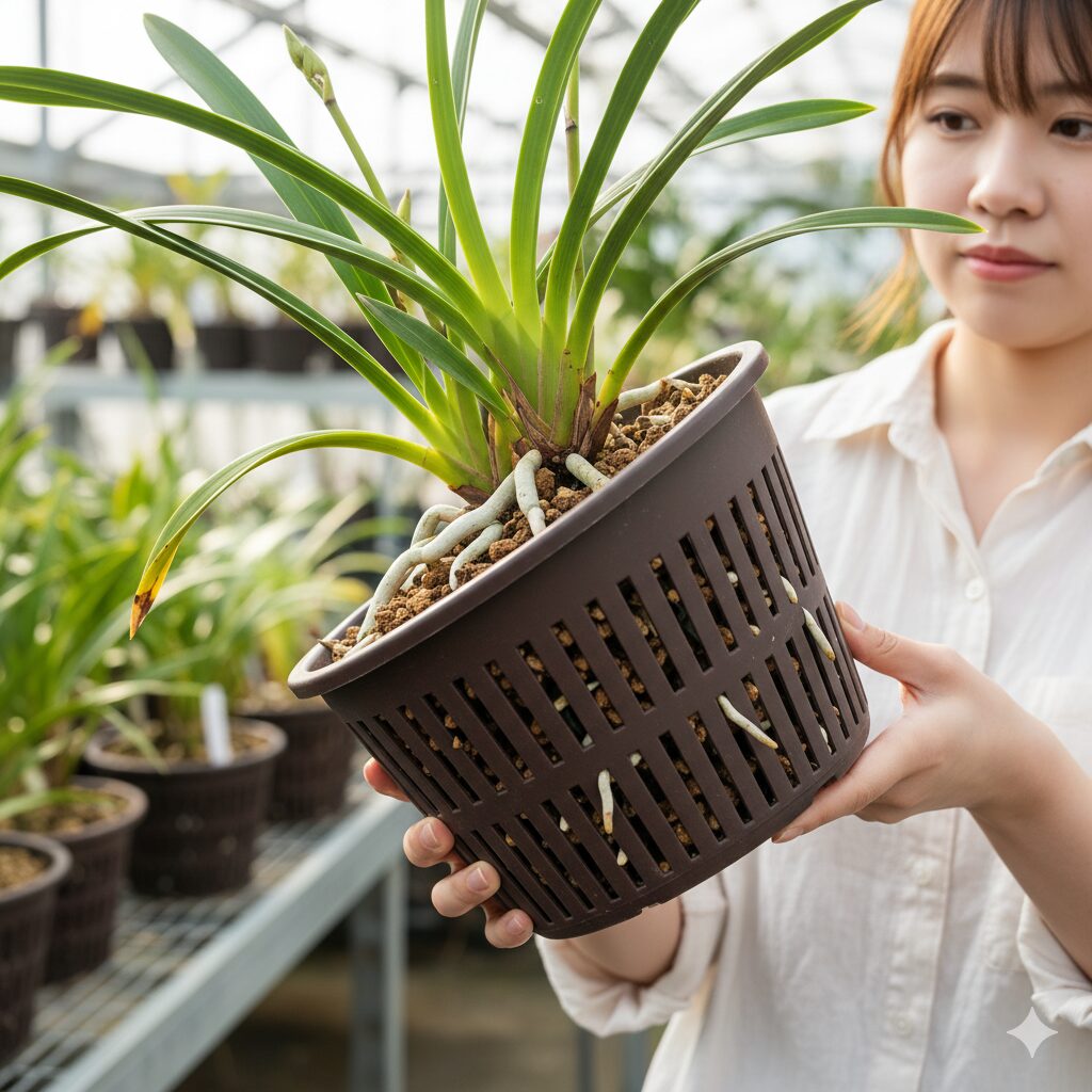 スリット鉢の側面から根が適度に露出しているシンビジウムの株