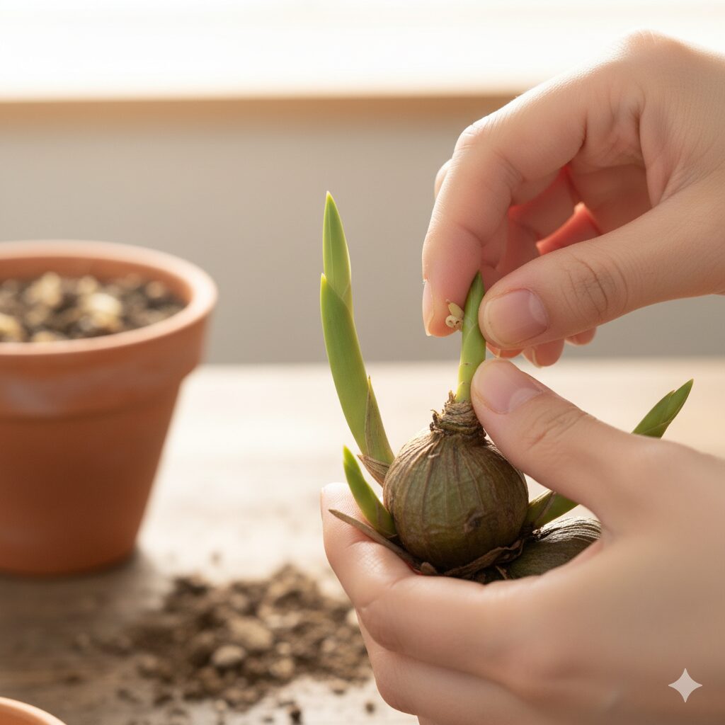 シンビジウムのバルブから出た複数の新芽から、元気な一つを残して芽かきをする手元