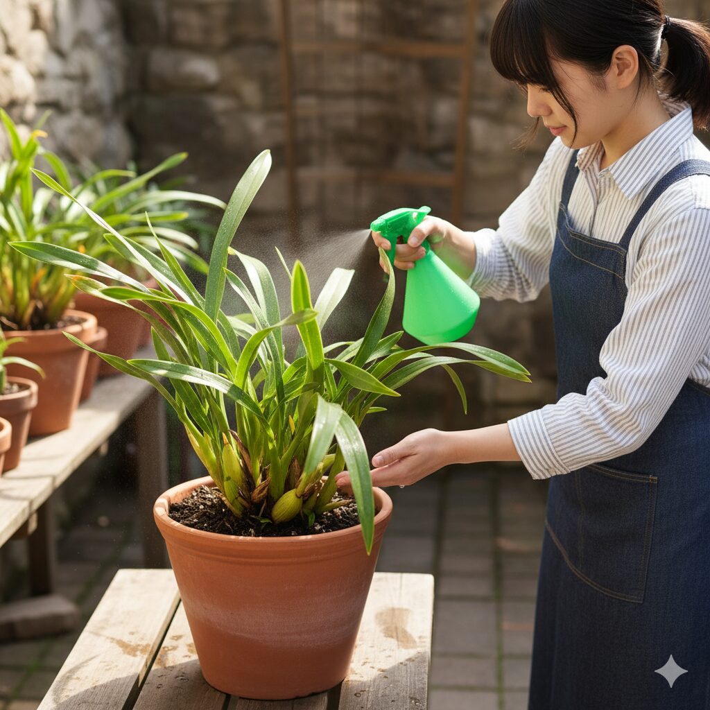 植え替え後のシンビジウムの株に、霧吹きで葉水を与えている様子