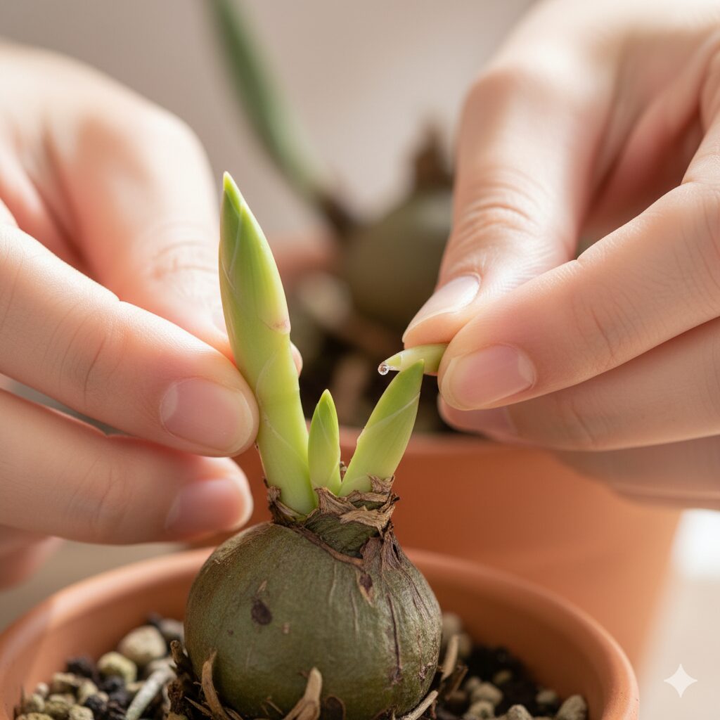 シンビジウムの良いバルブを育てるための「芽かき」作業の様子（新芽の選択）