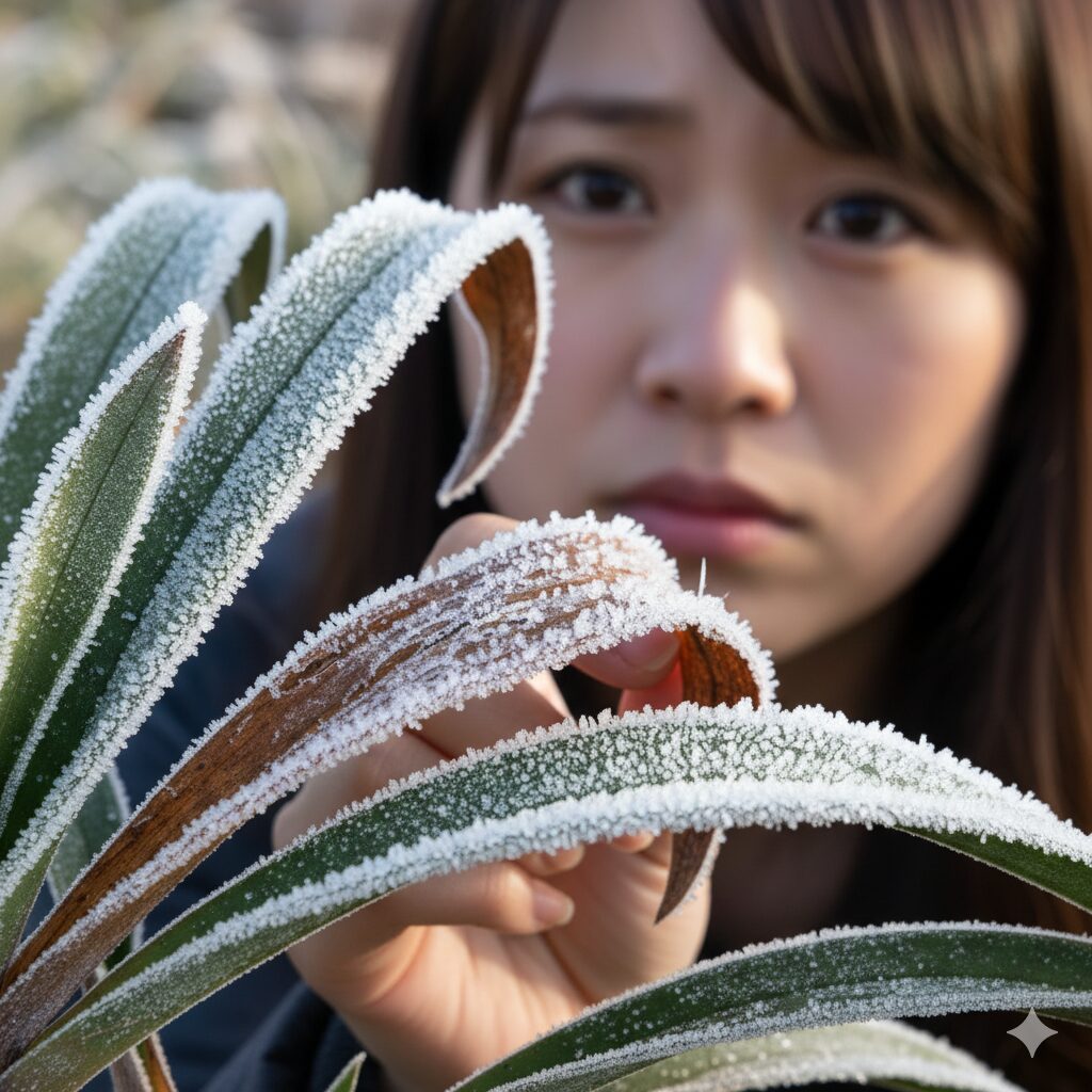 霜に当たって凍害（とうがい）を受けたシンビジウムの葉のクローズアップ