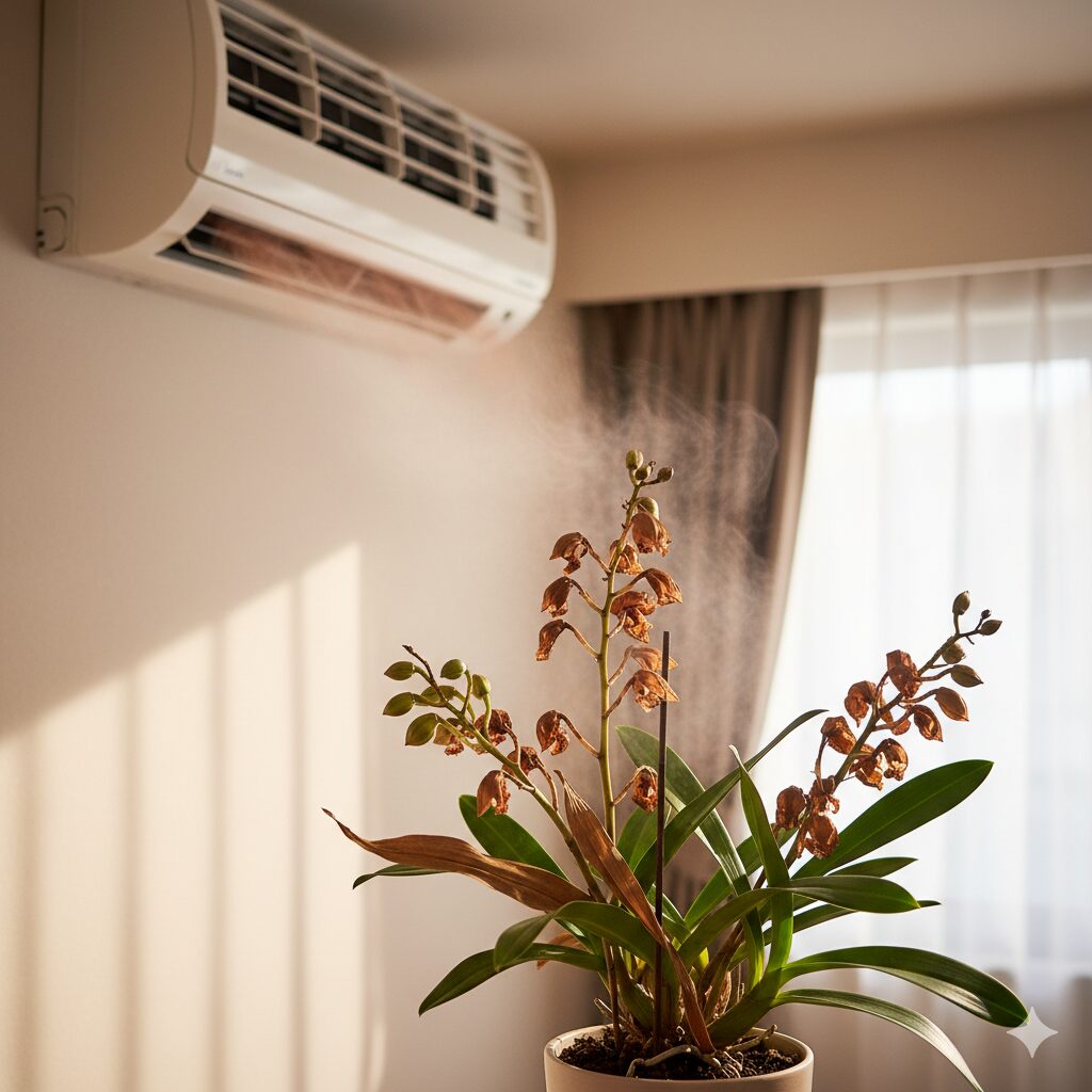 エアコンの暖房の風が直接当たり、乾燥して枯れかかったシンビジウムの蕾（NGな置き場所）