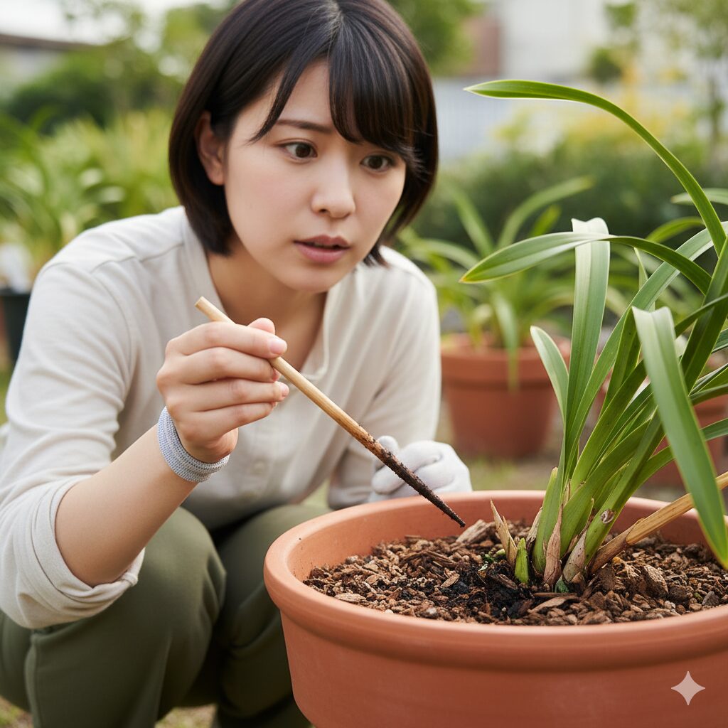 割り箸を鉢土に挿してシンビジウムの水やりのタイミング（土の乾き）を確認する方法