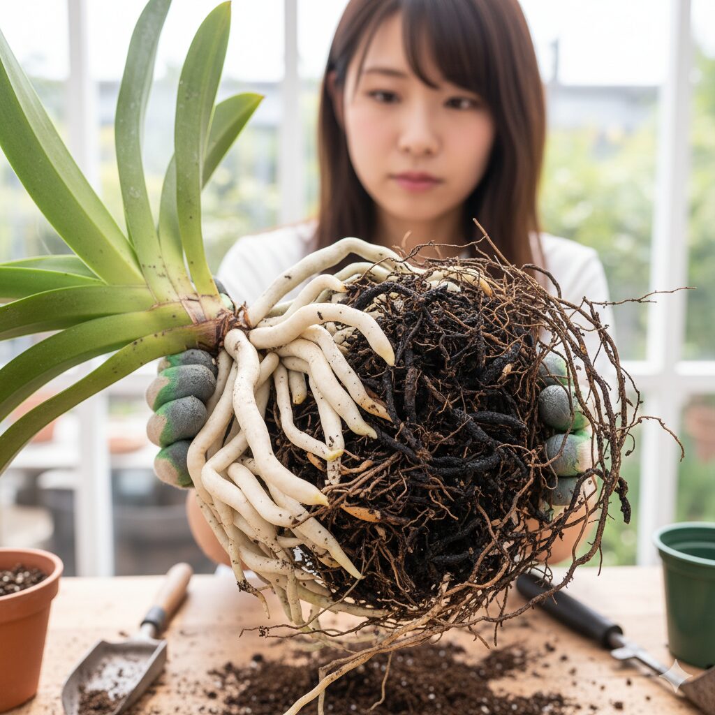 健康な白い根と対比される、黒く変色したシンビジウムの根腐れの状態