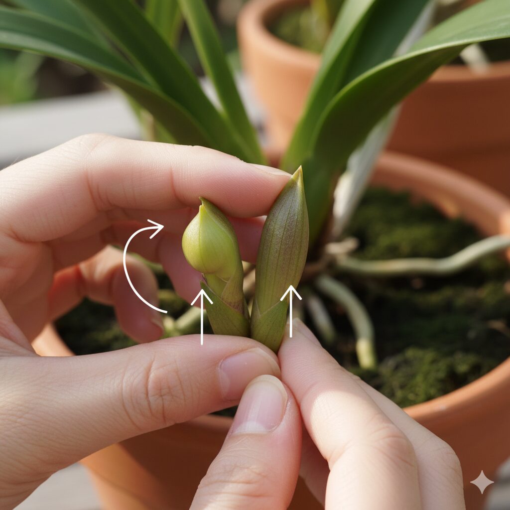 シンビジウムの花芽と葉芽の見分け方。丸い花芽と扁平な葉芽を比較した写真。