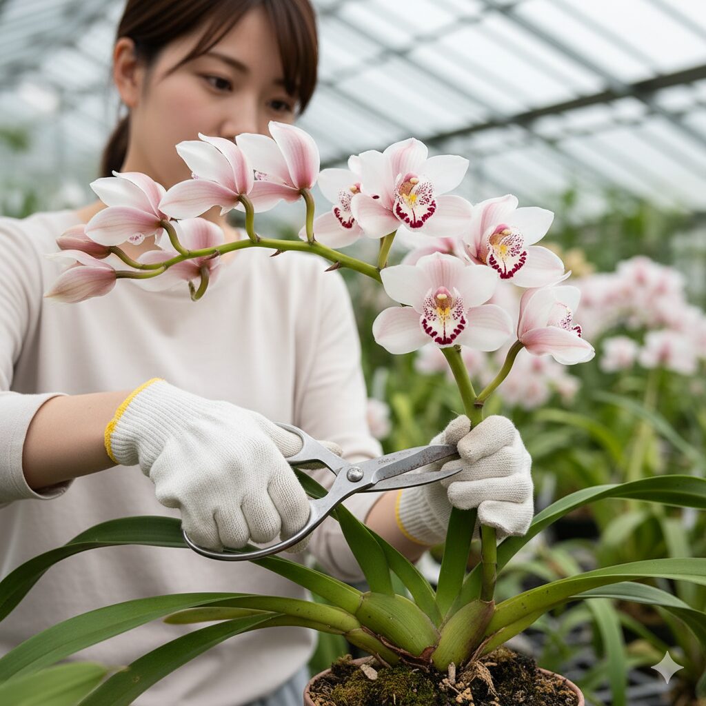 シンビジウムの株を休ませるため、花茎を根元からハサミで切り取る方法。