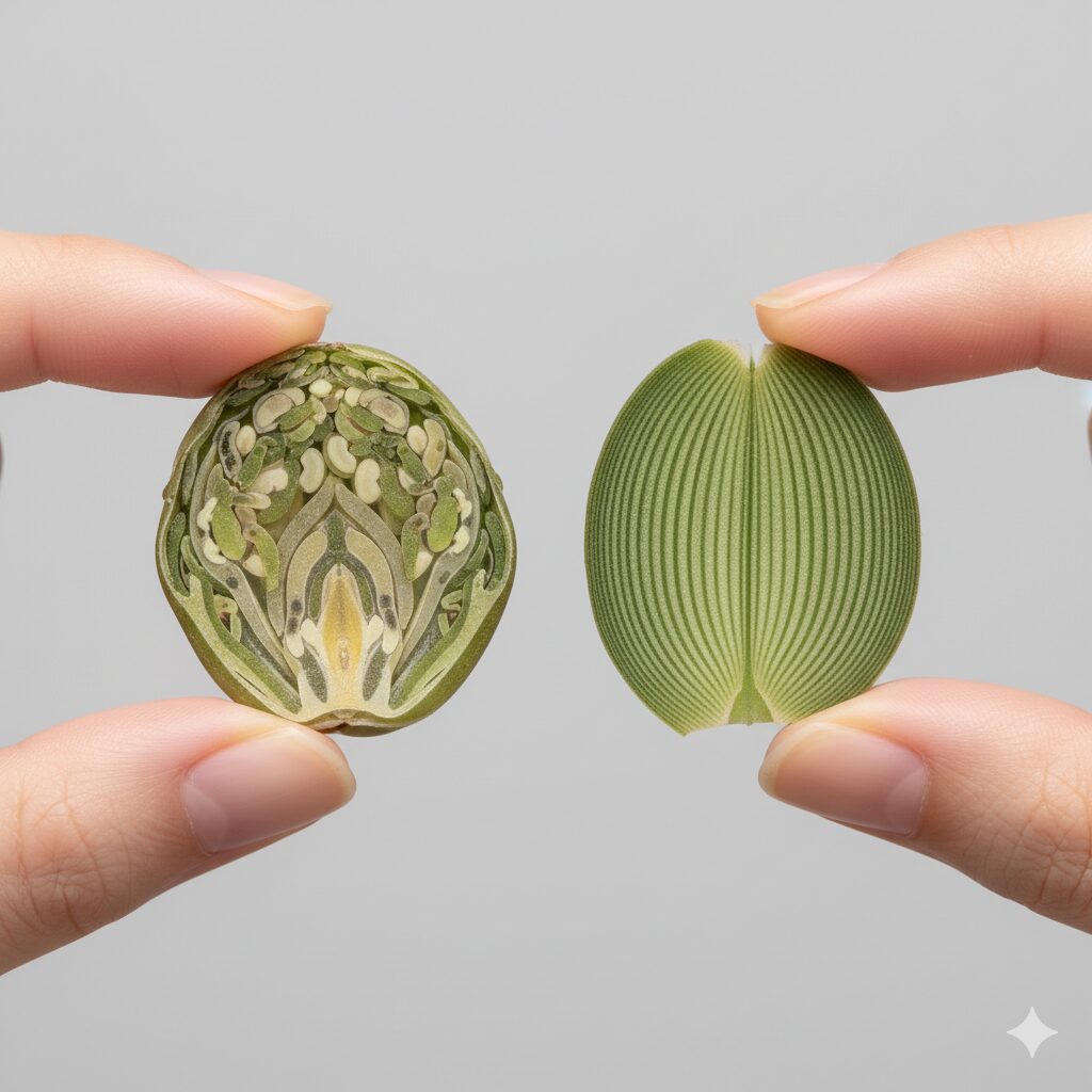 シンビジウムの花芽と葉芽の断面図。花芽は円形、葉芽は扁平なことを示すイラスト。