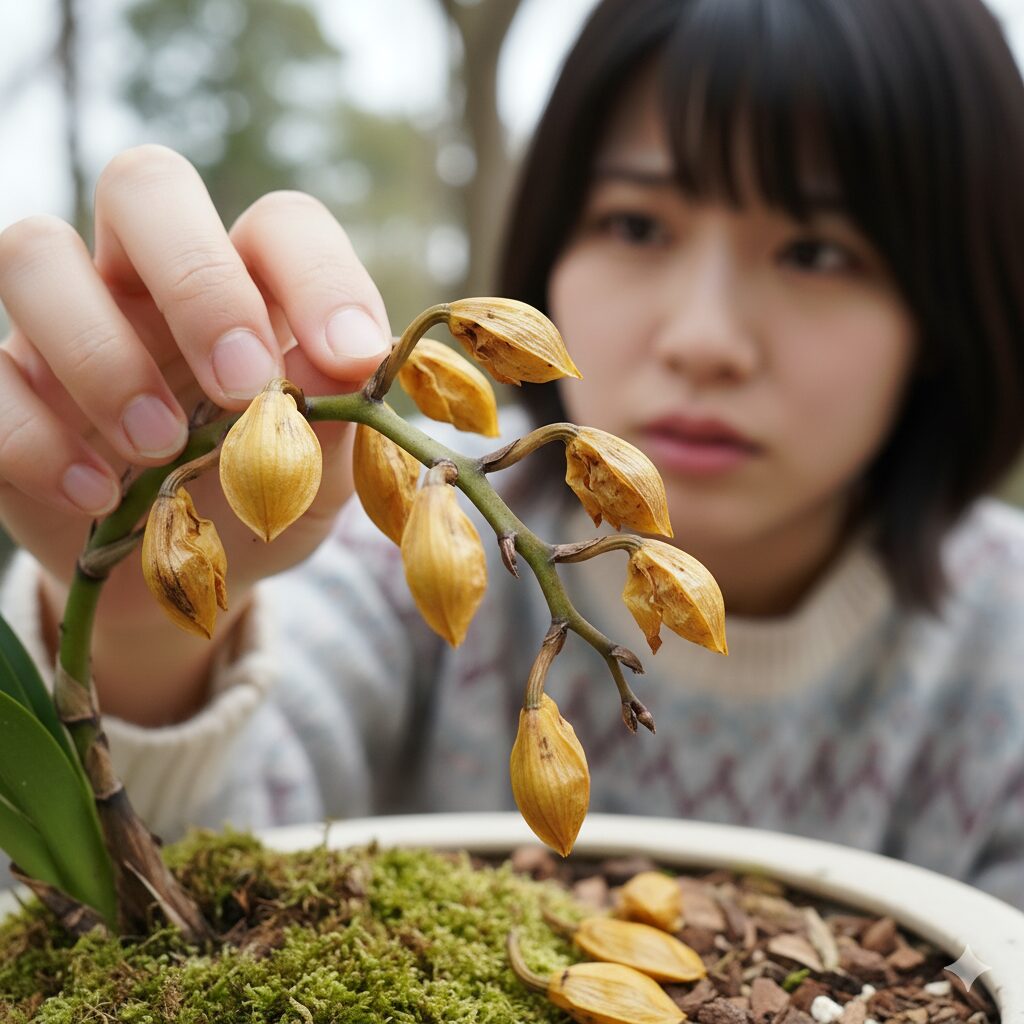 シンビジウムの蕾が黄色く変色し落ちる「バッドブラスト」の症状。