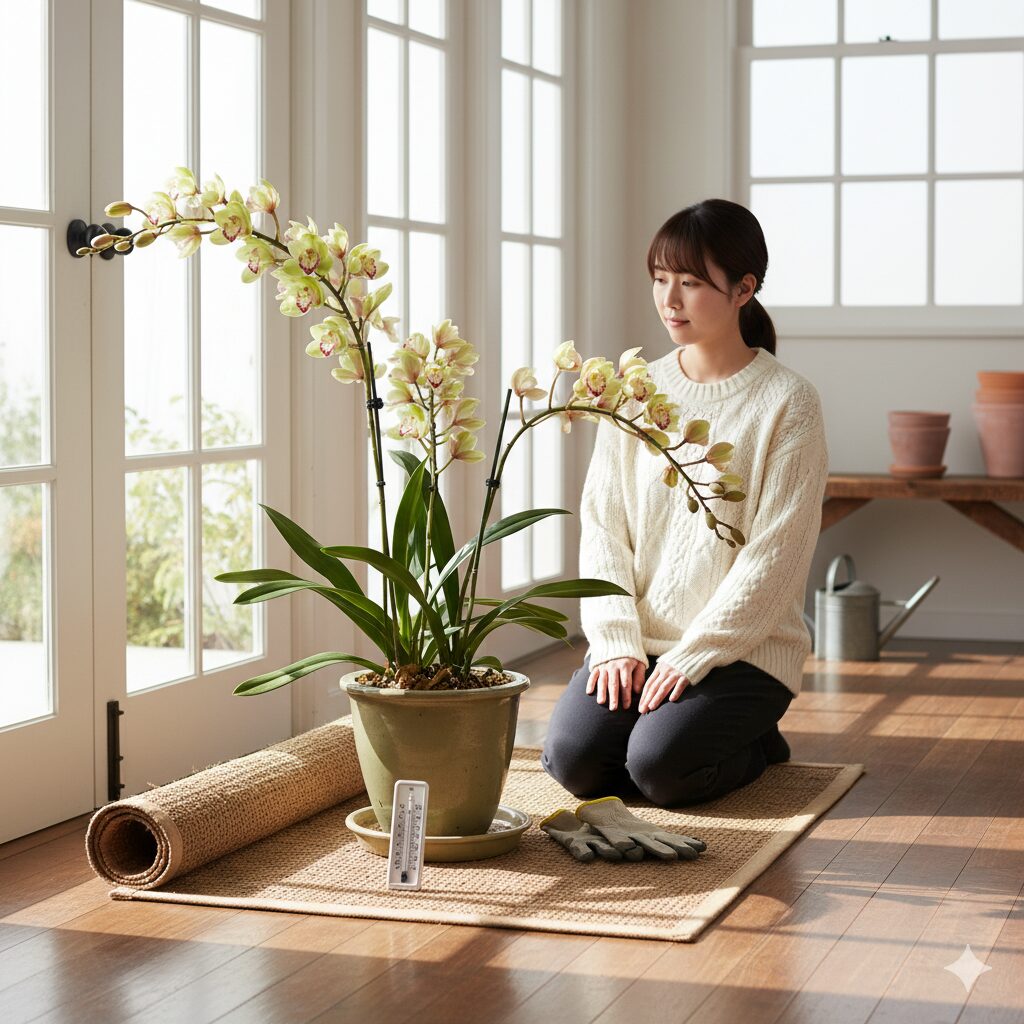 シンビジウムの鉢植えを玄関に置き、室内環境に「馴化」させている様子。