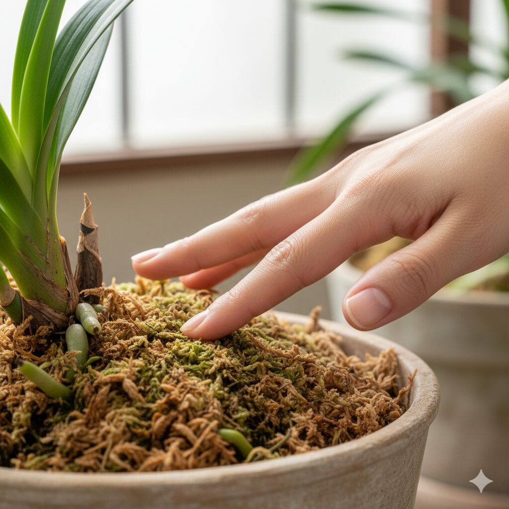 シンビジウムの鉢土（ミズゴケ）の乾き具合を指で確認する冬の水やりのタイミング。