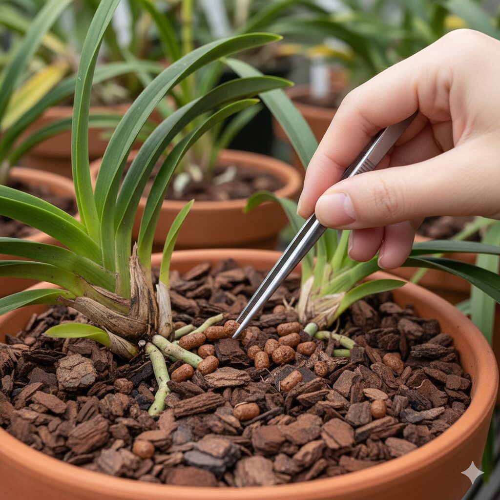 シンビジウムの花芽が出た後、鉢土の固形肥料（置き肥）を取り除いている様子。