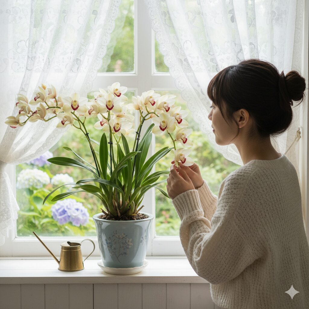 シンビジウムの理想的な置き場所である、レースのカーテン越しの窓辺。